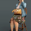 Woman In Blue Denim Jacket Pink Top Floral Skirt With Brown Handbag In Various Poses
