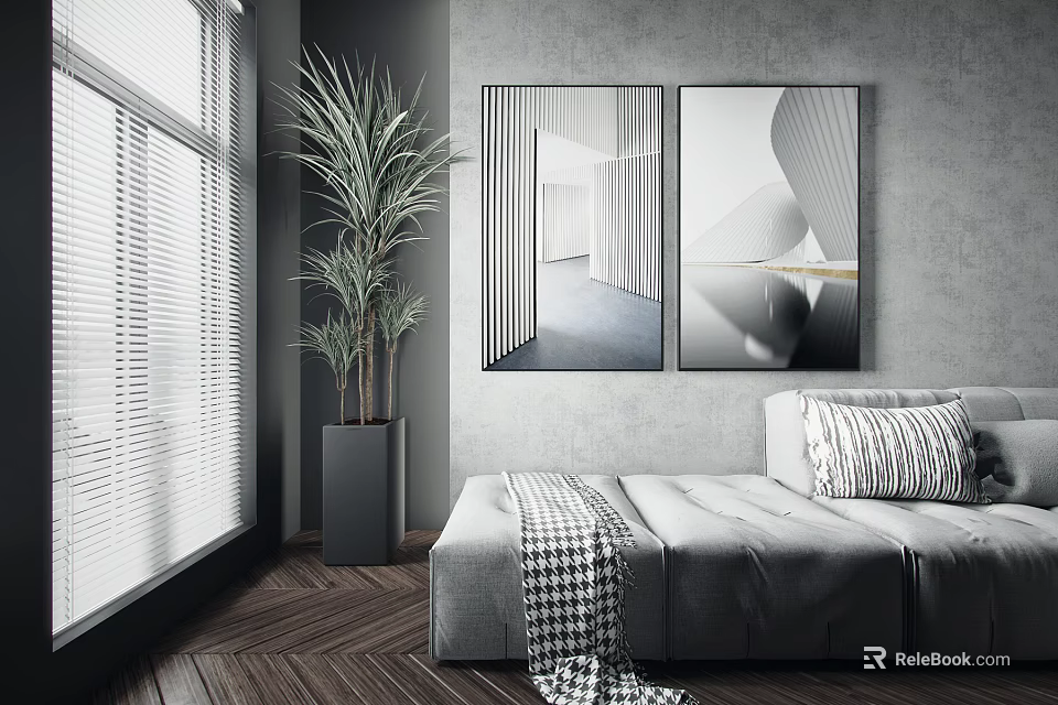 Modern Interior With Gray Wall Abstract Paintings Sofa Green Plant And Wooden Floor 3d model 