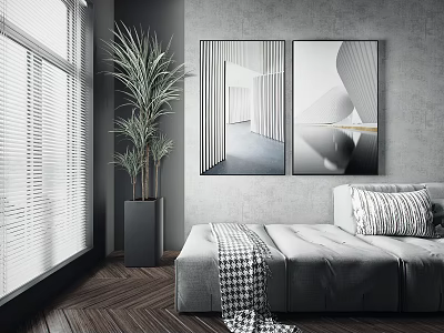 Modern Interior With Gray Wall Abstract Paintings Sofa Green Plant And Wooden Floor 3d model