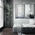 Modern Interior With Gray Wall Abstract Paintings Sofa Green Plant And Wooden Floor