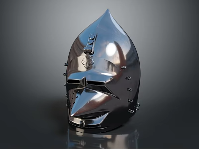 Medieval Metallic Helmet With Pointed Top Face Guard And Rivets Shiny Surface Design 3d model