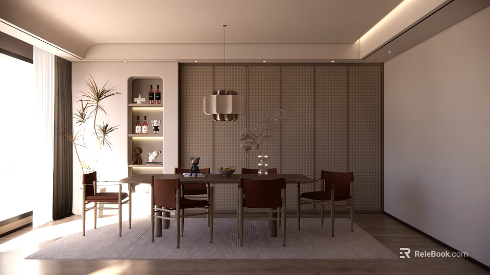 Modern Dining Room Interior With Wooden Table Chairs Pendant Light Grid Wall And Wine Cabinet 3d model 