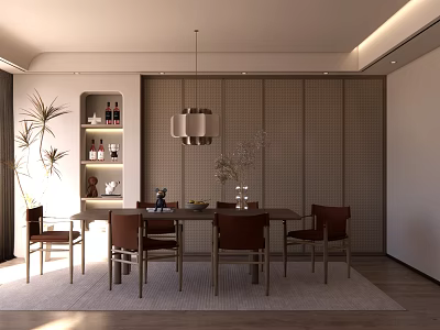 Modern Dining Room Interior With Wooden Table Chairs Pendant Light Grid Wall And Wine Cabinet 3d model