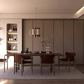 Modern Dining Room Interior With Wooden Table Chairs Pendant Light Grid Wall And Wine Cabinet