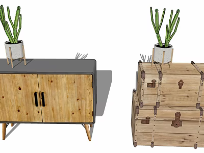 Wooden Entryway Console Table And Side Cabinet With Potted Cactus On Top 3d model