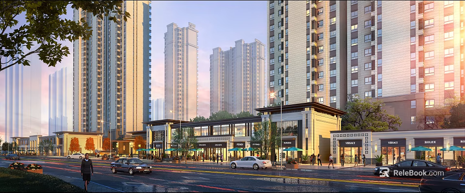 High rise buildings surrounding vibrant commercial street with shops cars and pedestrians in evening 3d model 