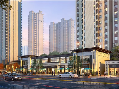 High rise buildings surrounding vibrant commercial street with shops cars and pedestrians in evening 3d model