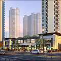 High rise buildings surrounding vibrant commercial street with shops cars and pedestrians in evening