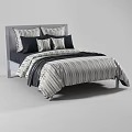 Modern Double Bed With Striped Bedspread Blue White Pillows And Gray Headboard 3d model