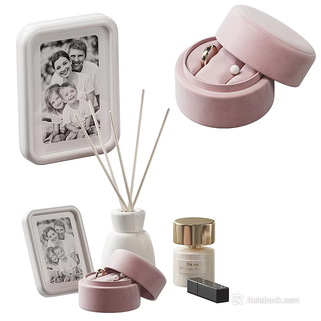 Minimalist Home Decorative Ornament Set With Photo Frame Reed Diffuser Jewelry Box And Perfume Bottle 3d model 