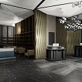Modern Lobby Interior Design With Marble Floor Chandeliers Reception Desk And Elevator Doors
