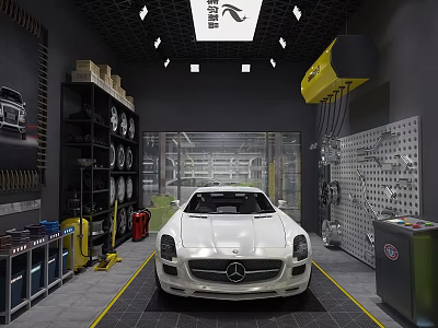 Auto Specialty Store Featuring White Mercedes Sports Car And Workshop Tools 3d model
