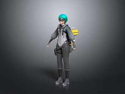 Green Haired Character In Tech Inspired Outfit With Biological Themed Backpack Design Elements 3d model