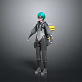 Green Haired Character In Tech Inspired Outfit With Biological Themed Backpack Design Elements