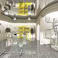 Modern Clothing Store Interior With Rotating Racks Silver Decor Yellow Accents And Mirrored Floors