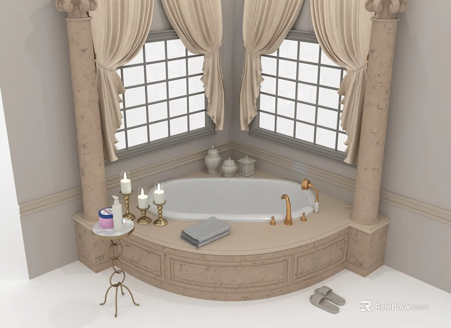 Elegant Bathroom Interior With Marble Bathtub Candles Towel Slippers And Curtains 3d model 