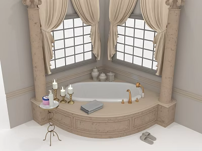 Elegant Bathroom Interior With Marble Bathtub Candles Towel Slippers And Curtains 3d model