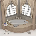 Elegant Bathroom Interior With Marble Bathtub Candles Towel Slippers And Curtains
