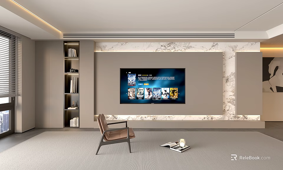 Modern Living Room Interior Design With TV Wall Marble Background Bookshelf Accent Chair And Rug 3d model 