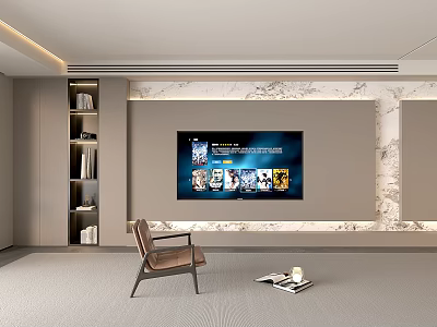 Modern Living Room Interior Design With TV Wall Marble Background Bookshelf Accent Chair And Rug 3d model
