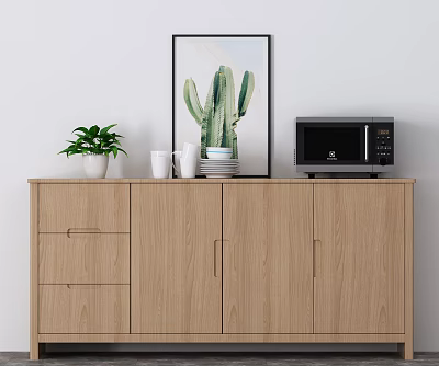 Light Wooden Sideboard With Potted Plant White Mugs Plates Microwave And Cactus Painting On Wall 3d model