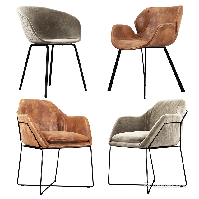 Stylish Leisure Chairs With Leather And Velvet Upholstery And Black Metal Legs 3d model 
