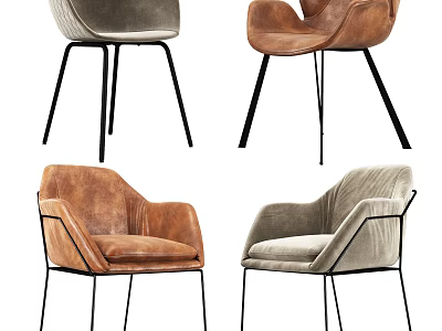 Stylish Leisure Chairs With Leather And Velvet Upholstery And Black Metal Legs 3d model
