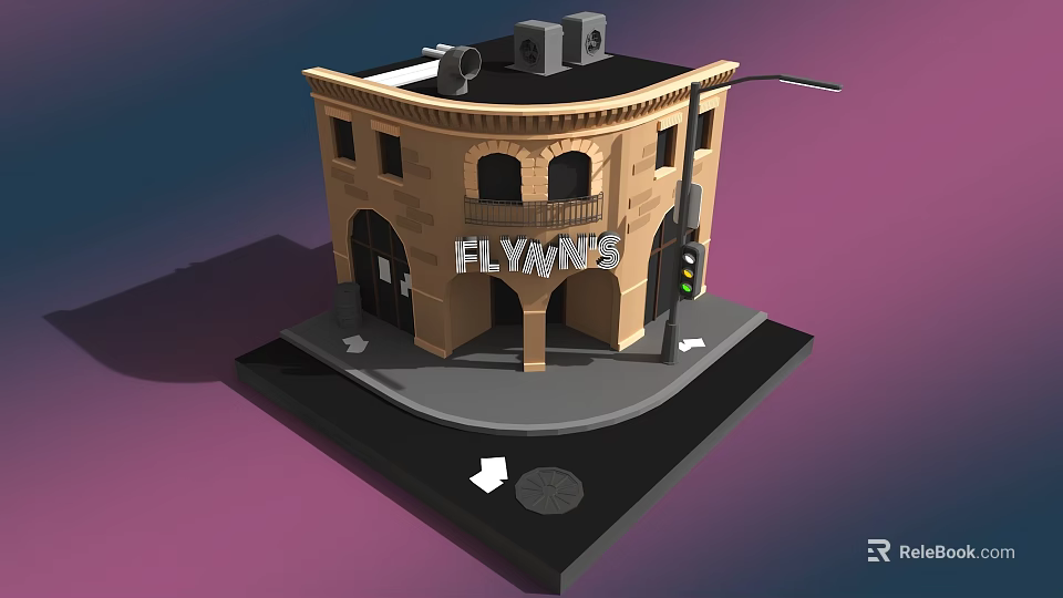 Animated Cartoon Scene of Flynn's Building with Traffic Light on Street Corner 3d model 