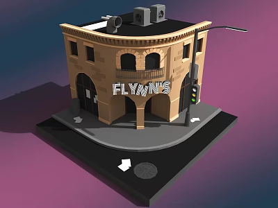 Animated Cartoon Scene of Flynn's Building with Traffic Light on Street Corner 3d model