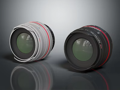 Professional Camera Lenses With Red Ring In White And Black On Reflective Surface 3d model