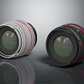 Professional Camera Lenses With Red Ring In White And Black On Reflective Surface 3d model