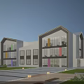 Modern Geometric Sales Office Building With Glass Curtain Walls Colorful Accents And Open Plaza