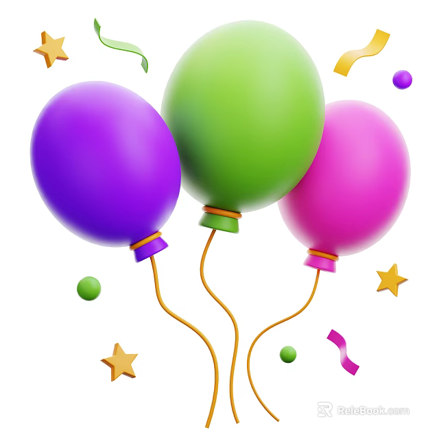 Colorful Decorative Ornament Set With Purple Green Pink Balloons Stars And Streamers 3d model 