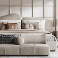 Modern Elegant Bedroom Interior Design With Decorative Ceiling Chandelier Grid Headboard Beige Bed And Rug