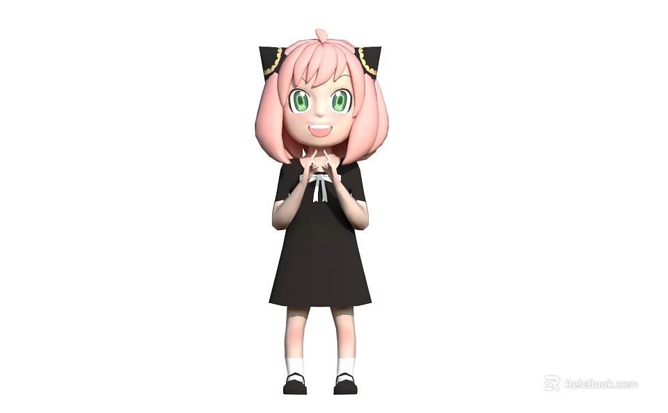 Cute Game Movie Character With Pink Hair Green Eyes Black Cat Ears And Black Dress 3d model 