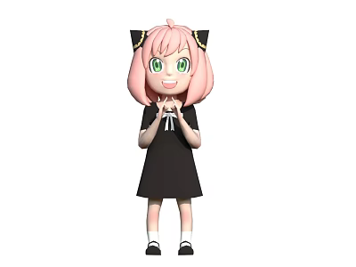 Cute Game Movie Character With Pink Hair Green Eyes Black Cat Ears And Black Dress 3d model