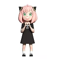 Cute Game Movie Character With Pink Hair Green Eyes Black Cat Ears And Black Dress