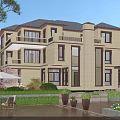 Detached Villa Featuring Beige Exterior Dark Roof Large Windows Balconies and Garden with Outdoor Seating