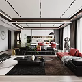 Modern Living And Dining Room Interior With Black Sofas Red Cushions And Linear Ceiling Lights 3d model
