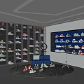 Modern Shoe Store Interior With Display Shelves Blue Sofa And Various Shoes