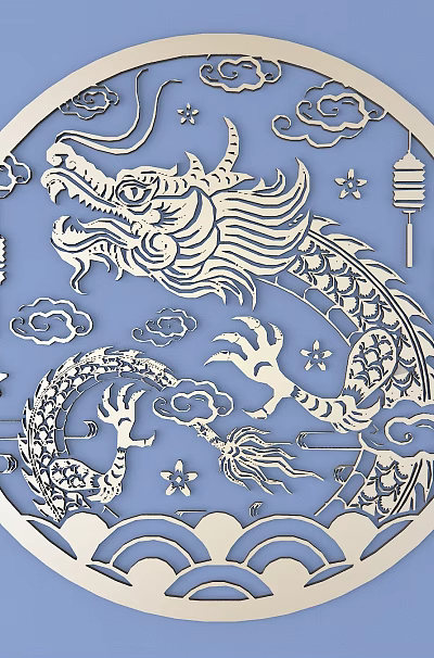 Intricate Traditional Circular Dragon Carving With Clouds Lanterns And Wave Motifs 3d model