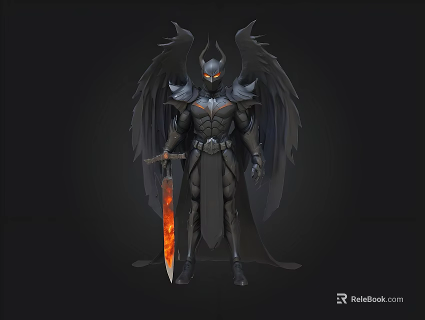 Dark Fantasy Horned Character With Black Wings And Flaming Sword Standing 3d model 
