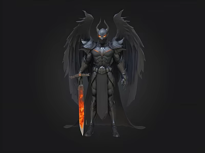 Dark Fantasy Horned Character With Black Wings And Flaming Sword Standing 3d model