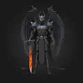 Dark Fantasy Horned Character With Black Wings And Flaming Sword Standing