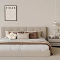 Cozy Modern Double Bed with Beige Headboard Pillows Nightstand Vase Plants and VOGUE Wall Art