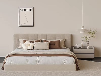 Cozy Modern Double Bed with Beige Headboard Pillows Nightstand Vase Plants and VOGUE Wall Art 3d model