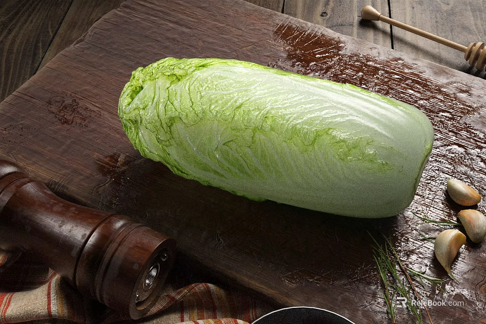 Fresh Green Chinese Cabbage on Rustic Wooden Cutting Board with Garlic Pepper Grinder and Herbs 3d model 