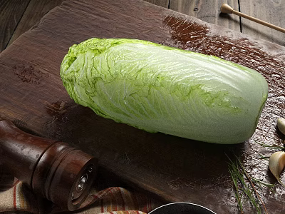 Fresh Green Chinese Cabbage on Rustic Wooden Cutting Board with Garlic Pepper Grinder and Herbs 3d model