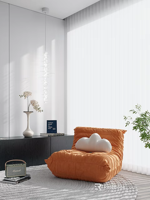 Orange Bean Bag Chair with White Cloud Shaped Cushion in Modern Bright Living Space 3d model 