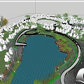 Aerial View of Lush Waterfront Landscape with Blue Water Curved Paths and Green Trees